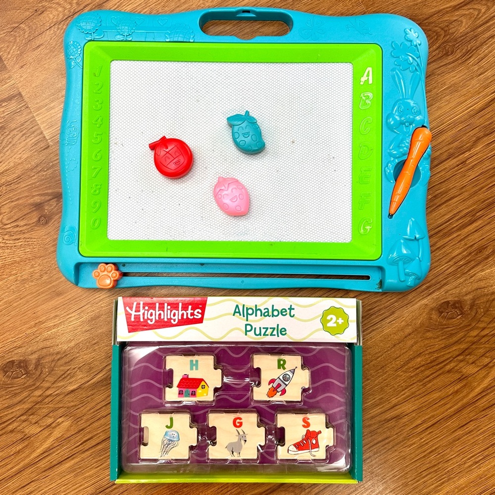 Highlights Wooden Alphabet Puzzle & Magnetic Drawing Board Educational Set Kids